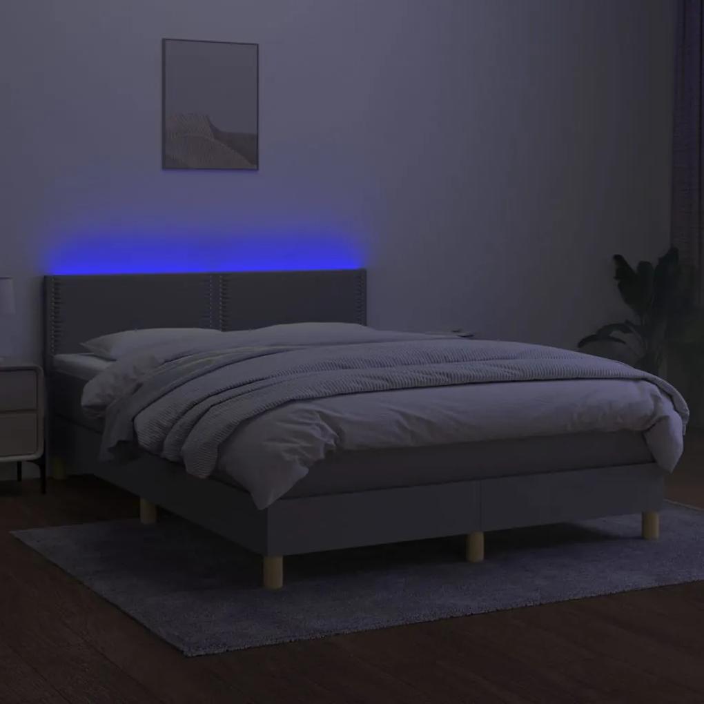 Cama box spring c/ colchão e LED 140x190 cm tecido cinza-claro