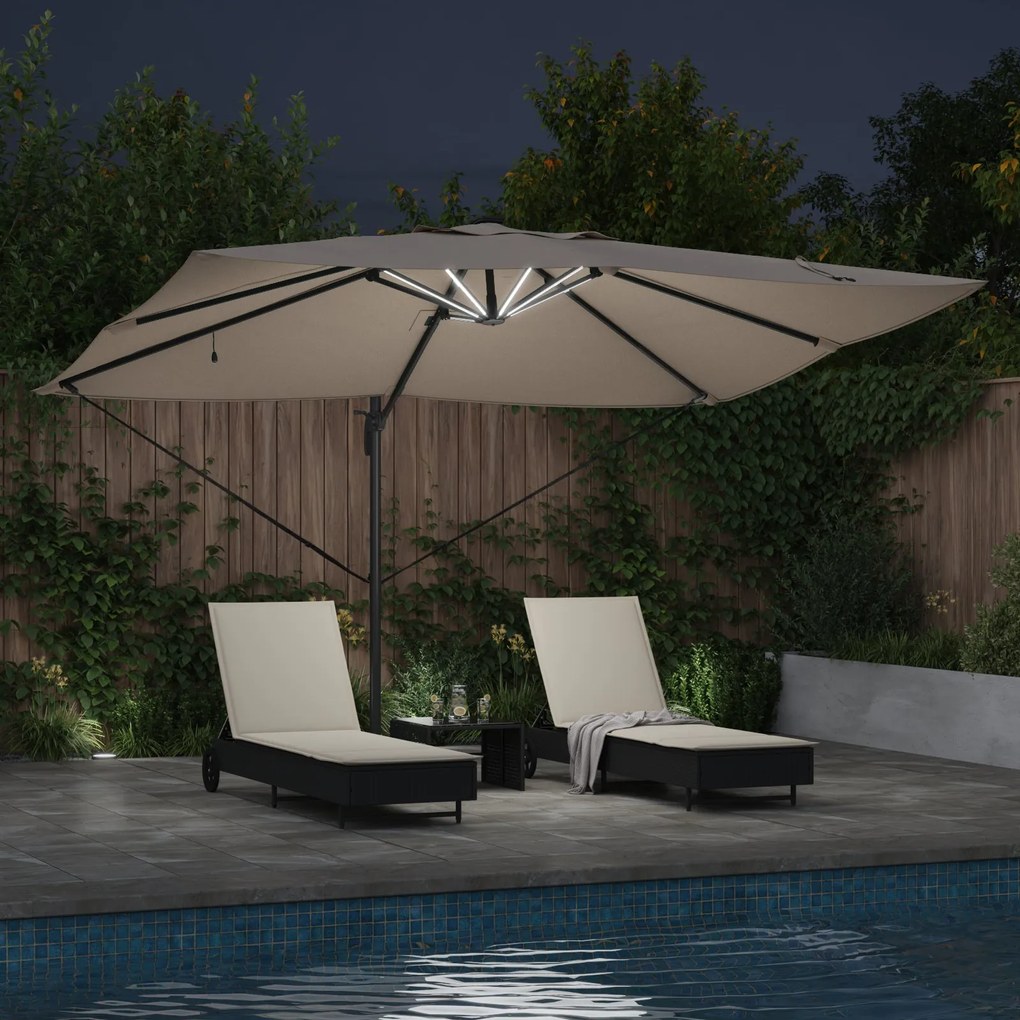 Parasol Roma de braço articulado com LEDs Taupe 352x251x265 cm Alumíni