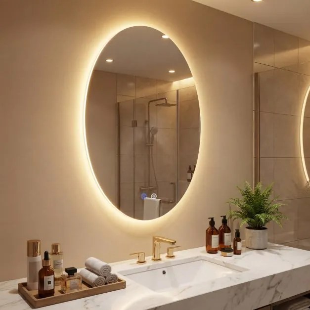 Espelho oval 70 x 50 cm, 3 cores de luz reguláveis, função de memória, espelho de vidro temperado Prata