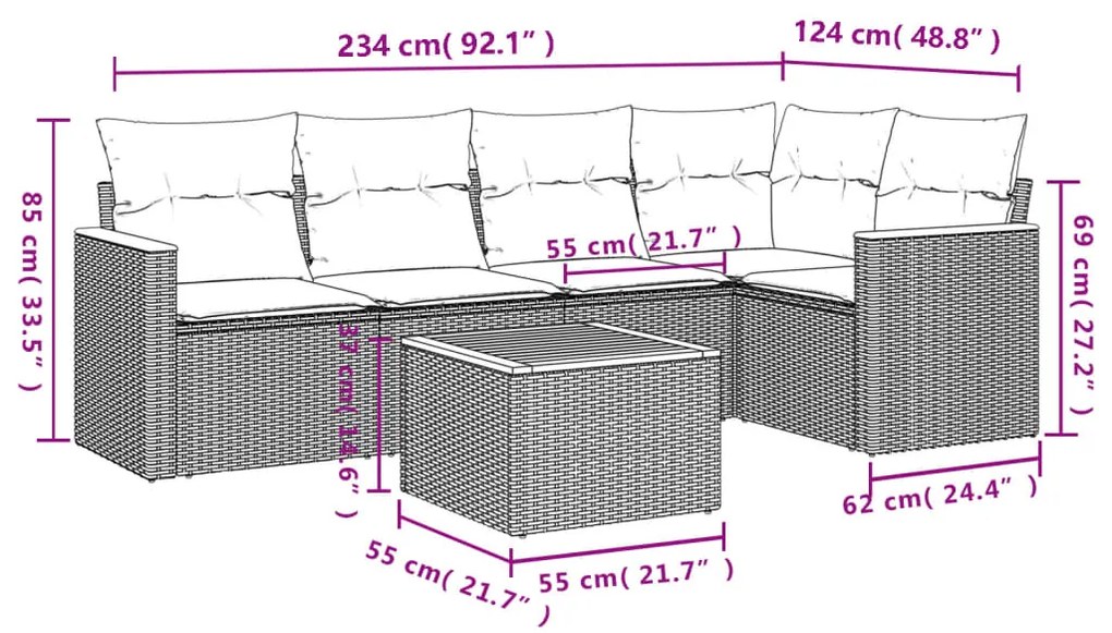 6 pcs conjunto de sofás p/ jardim com almofadões vime PE bege