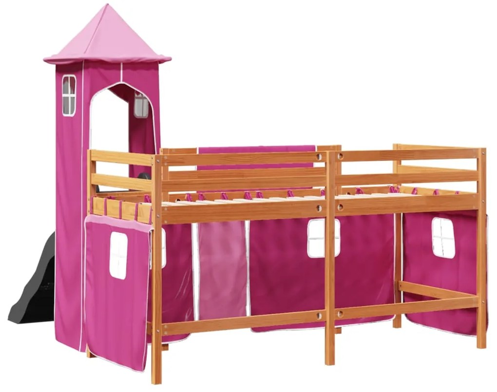 Cama alta para criança com torre 90x190 cm pinho maciço rosa