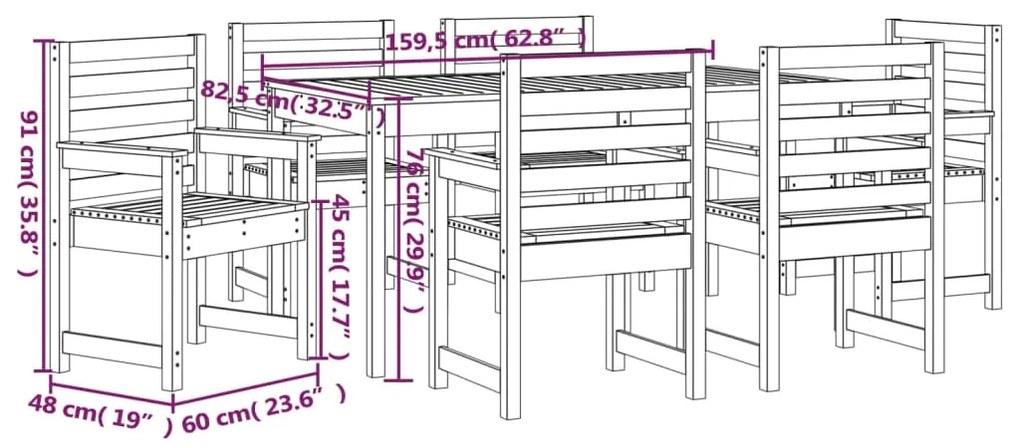 7 pcs conj. jantar p/ jardim madeira de pinho maciça cinzento