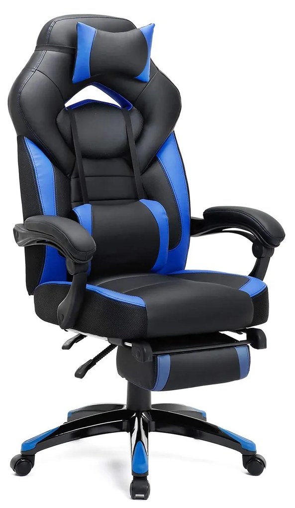 Cadeira gamer SONGMICS, cadeira de corrida de escritório com apoio para os pés, design ergonômico, apoio de cabeça ajustável, suporte lombar, capacidade de peso de 150 kg, preta e azul OBG77BU
