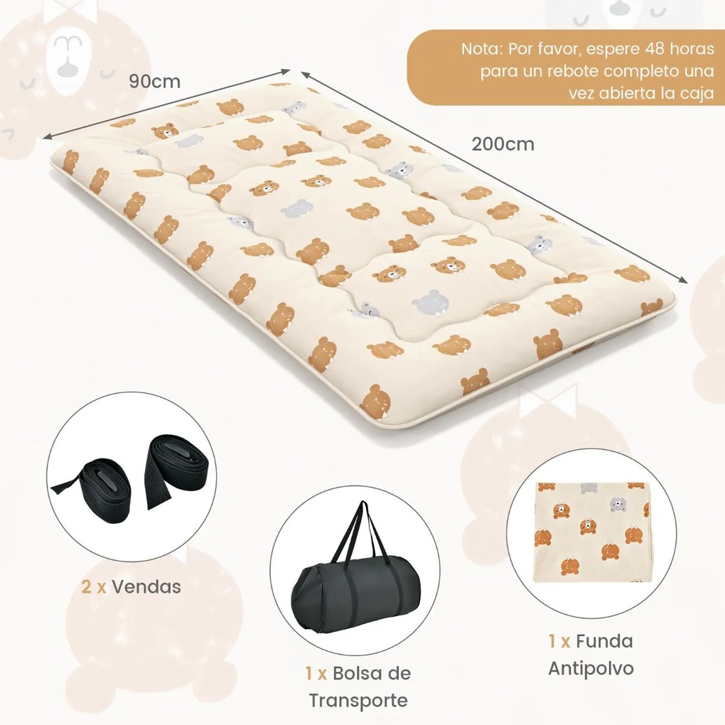 Colchão de chão enrolável Tatami Mat com capa lavável Tapete portátil com saco de transporte 200 x 90 x 10 cm castanho