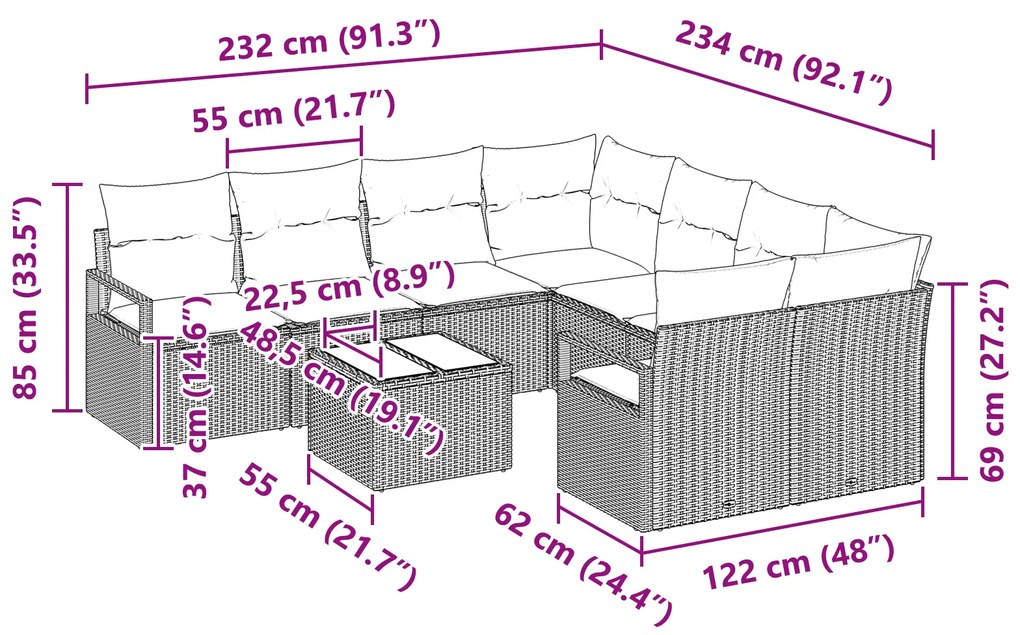 Conjunto de Sofá de Jardim vidaXL de 9 peças com Almofadas em Polirata