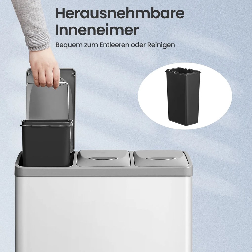 Caixote do lixo para cozinha 3 compartimentos x 8 L, 47 x 28,3 x 39,5 cm branco + cinzento