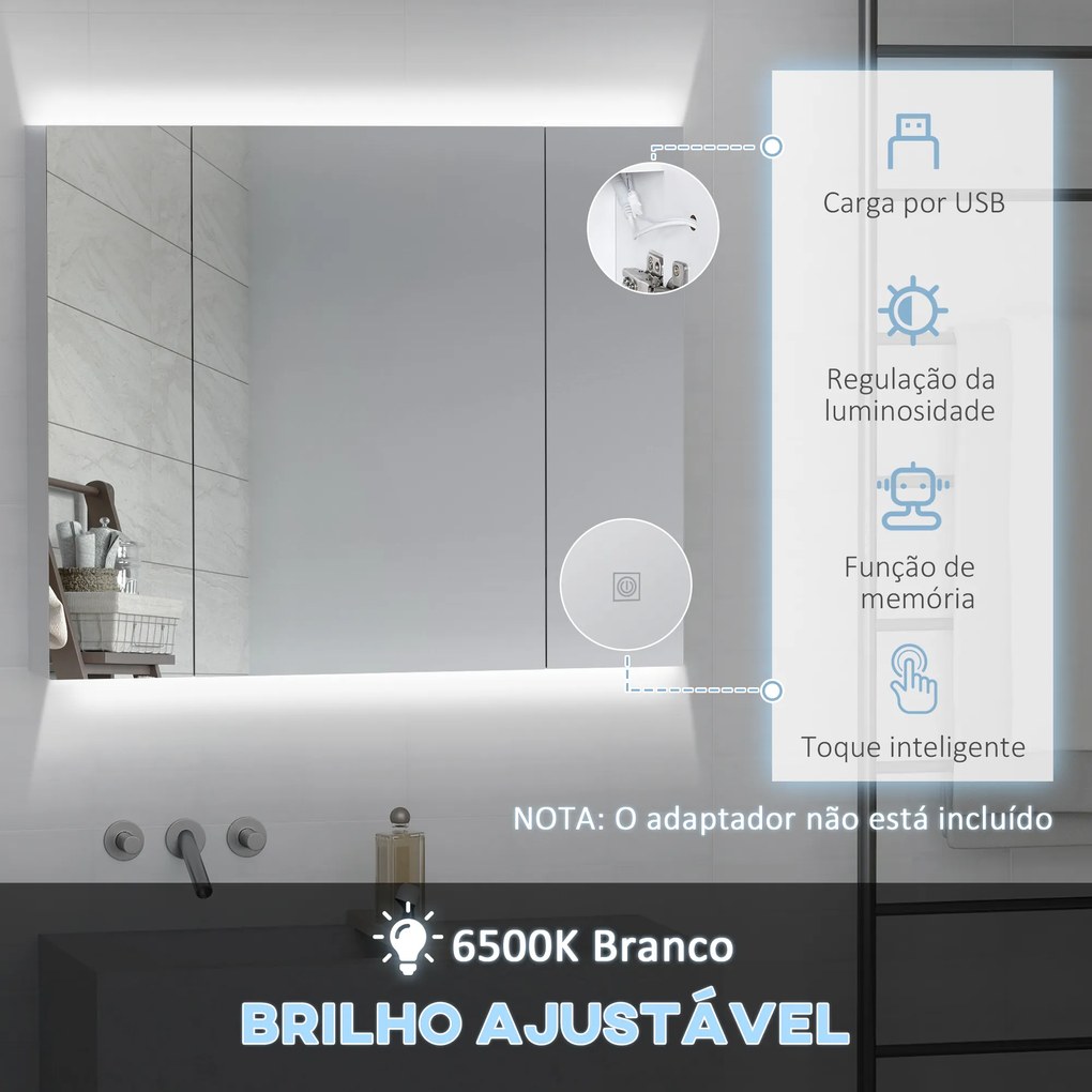 Armário Casa de Banho com Espelho e Luzes LED Armário com Espelho Casa de Banho com Prateleiras Ajustáveis e USB 90x15x75 cm Branco