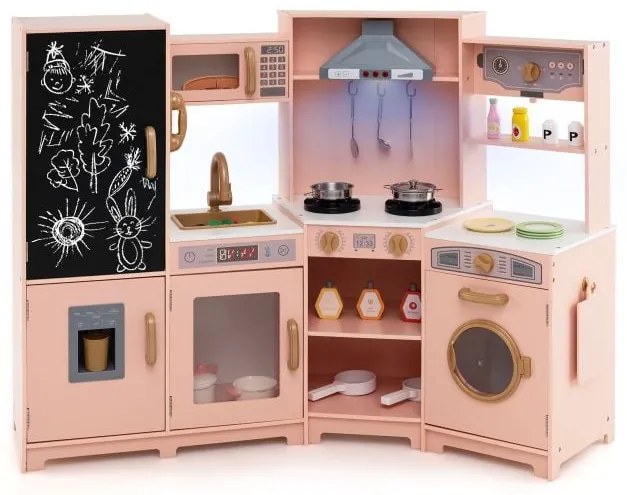 Cozinha de canto de madeira para brincar com luzes e sons - Grande conjunto de cozinha de faz de conta - Branco