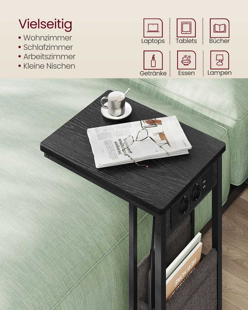 Mesa de apoio em forma de C com 2 tomadas eletricas 30 x 40 x 62 cm preto