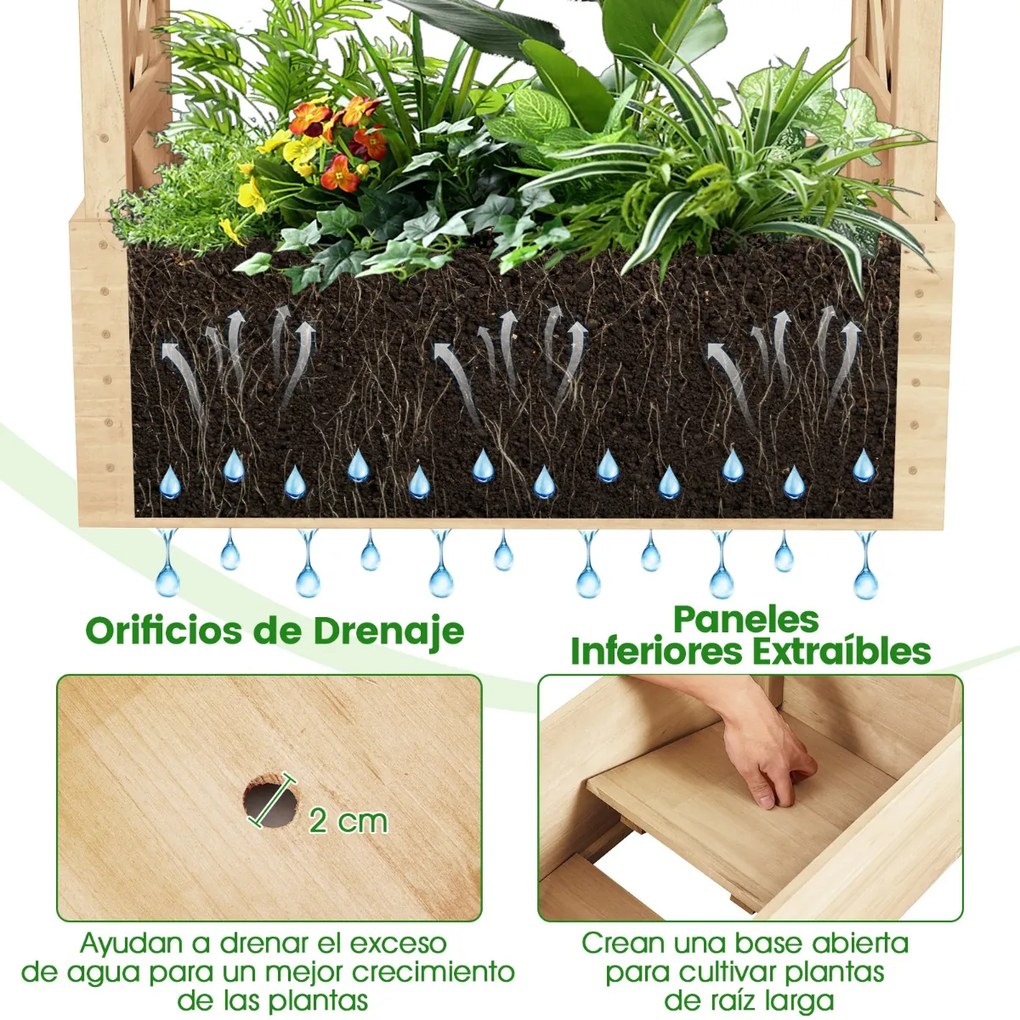Floreira elevada em madeira de abeto com treliça 78 x 36 x 152 cm, tampa suspensa, 2 orifícios de drenagem e 2 painéis para jardim, terraço ou pátio N