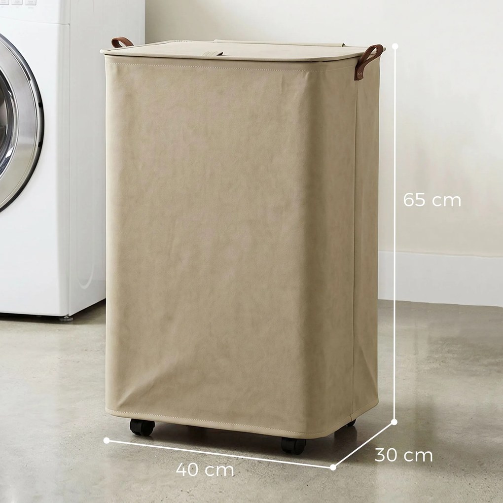 Cesto de Roupa Suja com Tampa e Rodas, 50L, Dobrável com Bolsa com Cordão Removível, 40x30x65 cm, Castanho