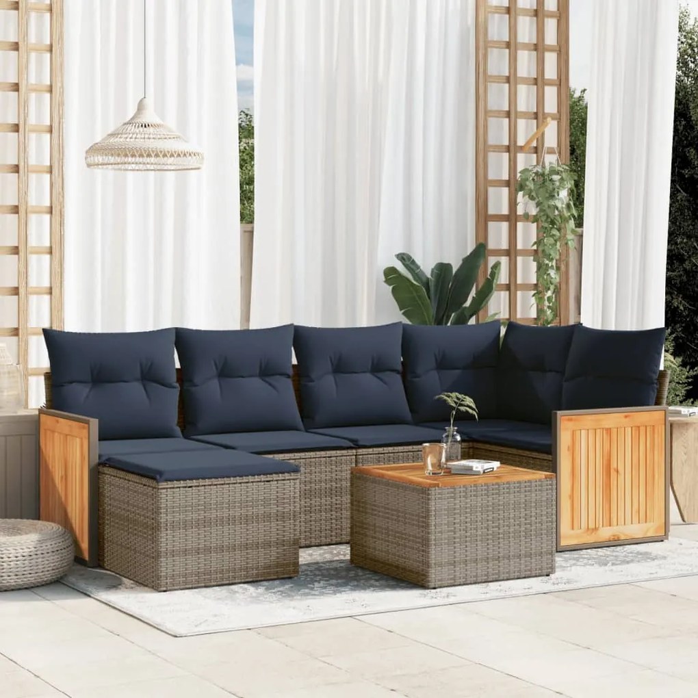 vidaXL 7 pcs conjunto sofás p/ jardim c/ almofadões vime PE cinzento