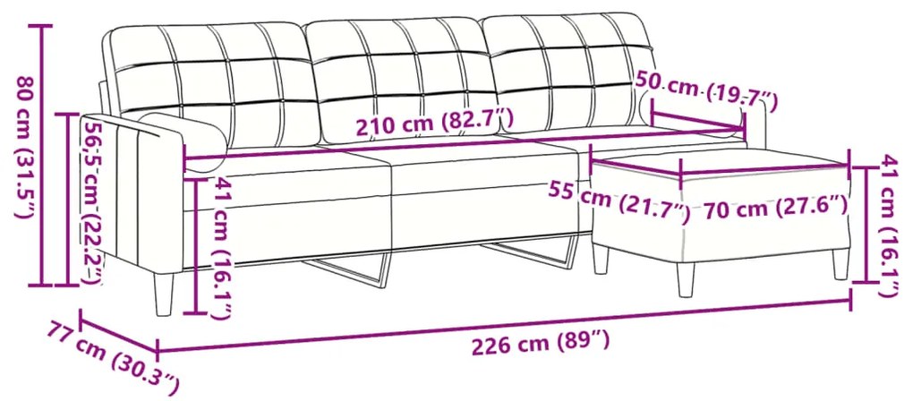 Sofá de 3 lugares com apoio de pés 210 cm veludo cinzento-claro