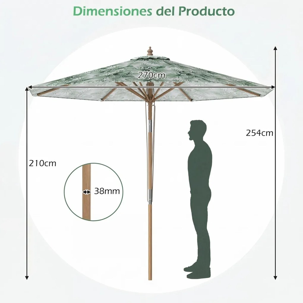 Guarda-sol de jardim de 270 cm (BASE NÃO INCLUIDA), inclinável, com mastro de 8 varas em madeira de faia, teto ventilado e roldanas, para exterior, pá