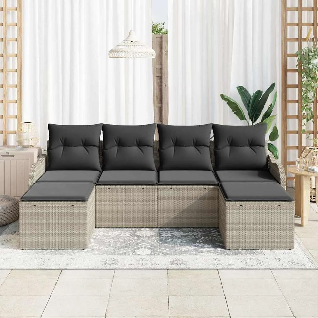 Conjunto de Sofás de Jardim com 6 peças e almofadas cinza claro em rat