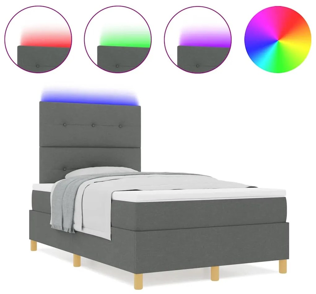 Cama Box Spring com Colchão &amp; LED Cinza Escuro 120x190 cm Tecido