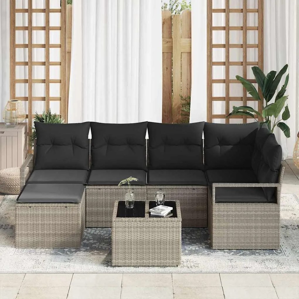 Conjunto de Sofá de Jardim de 7 peças com almofadas cinza em rattan