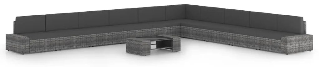 11 pcs conjunto lounge de jardim c/ almofadões vime PE cinzento