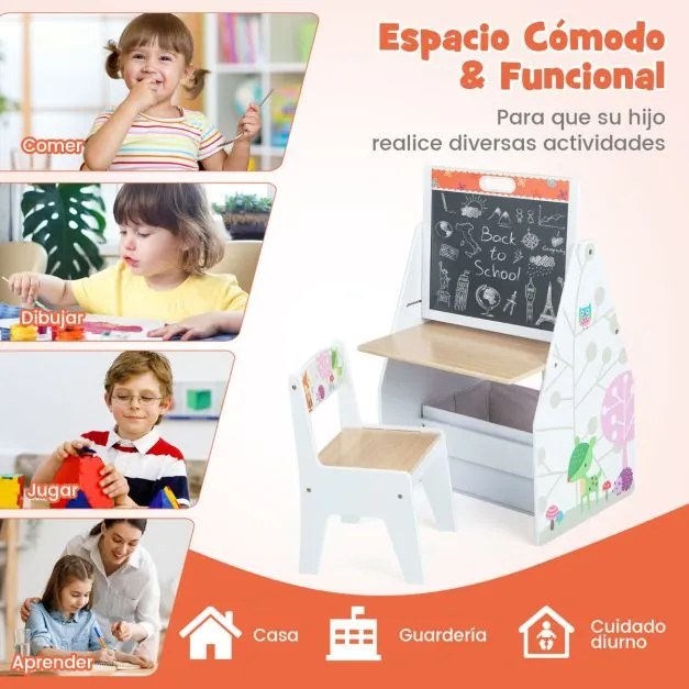 Conjunto de mesa e cadeira para crianças com 2 caixas de tecido removíveis, quadros magnéticos e quadro branco para brincar e desenhar Branco