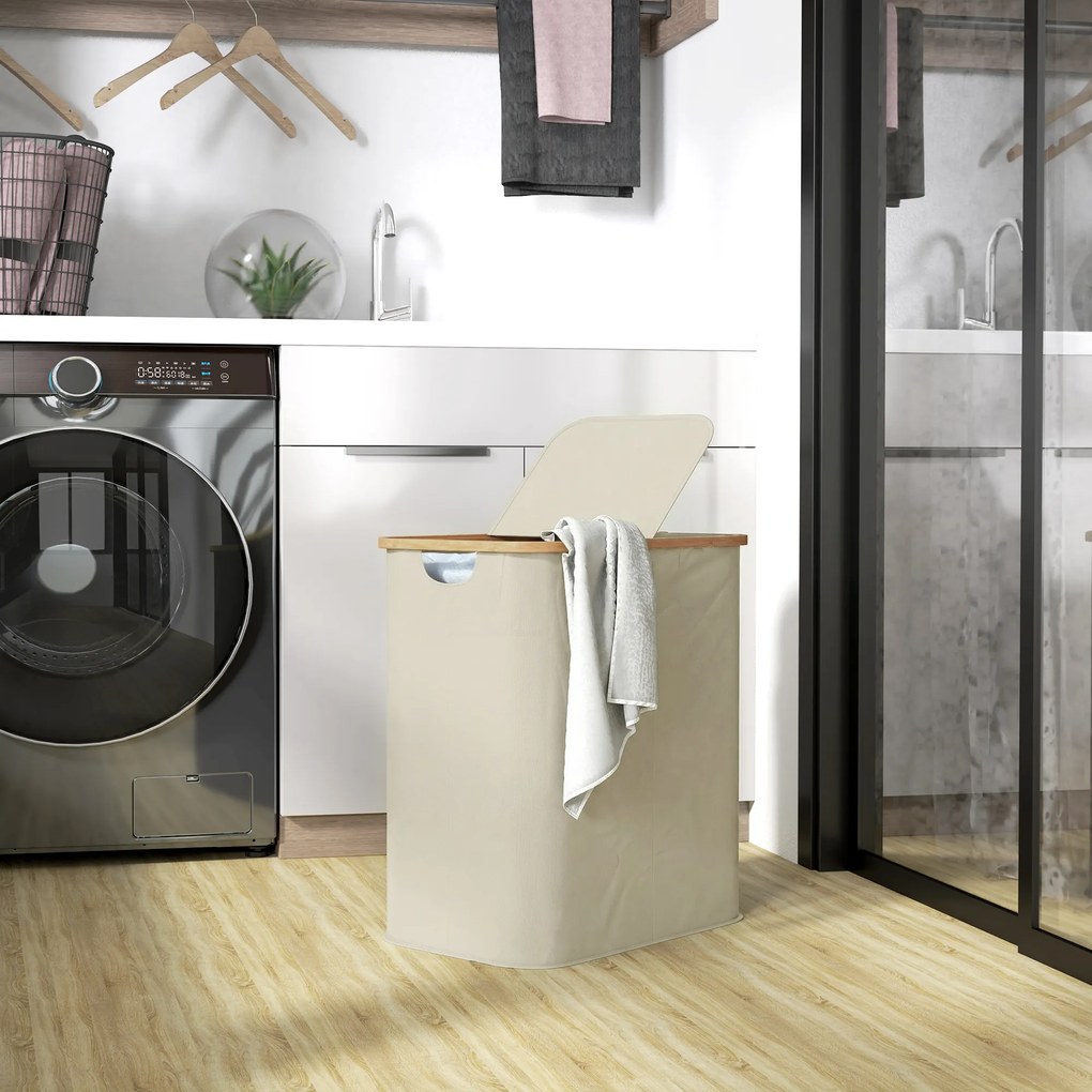 Cesto de roupa suja dobrável de dupla camada, 80 L, 54 x 34 x 58,5 cm com tampa e pegas ranhuradas, bege