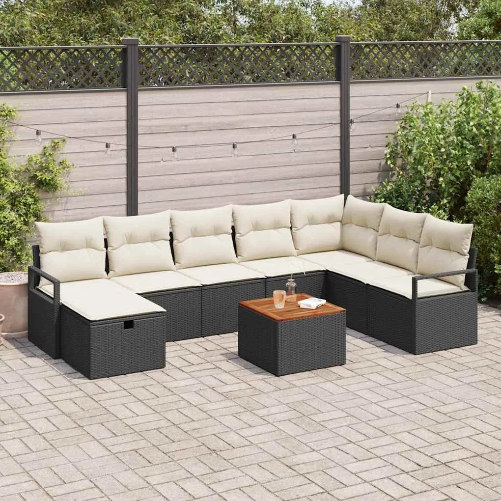 vidaXL Conjunto de Sofá de Jardim com 9 Peças e Almofadas pretas em Rattan Sintético