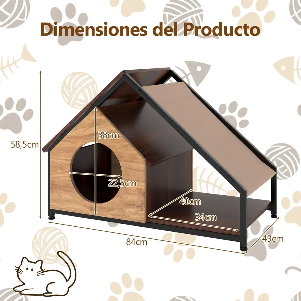 Casa de madeira para gatos de interior 84 x 43 x 58,5 cm com varanda Telhado inclinado removível e estrutura metálica Castanho