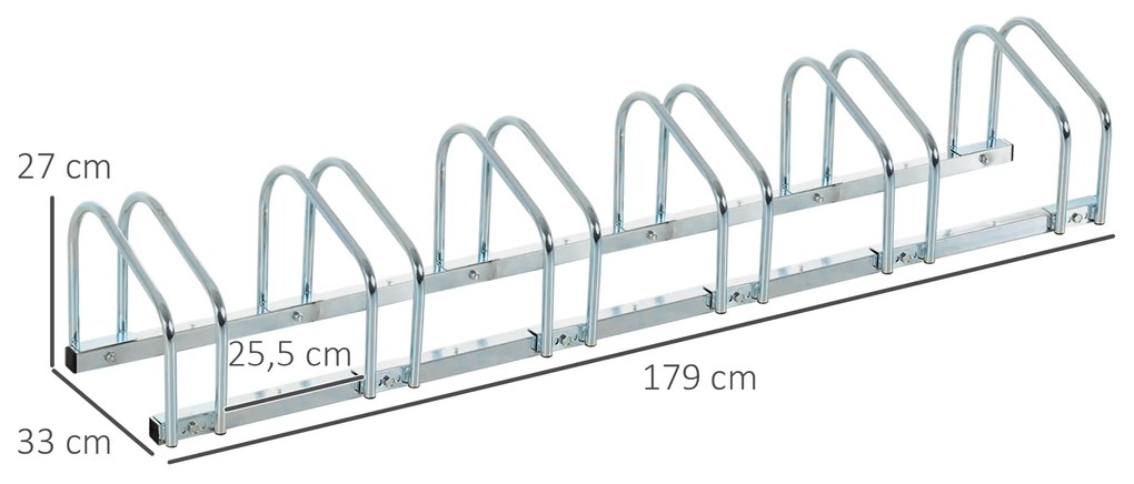 Estacionamento para 6 Bicicletas Suporte de Aço para Estacionar Bicicletas no Chão para Interior e Exterior 179x33x27 cm Prata
