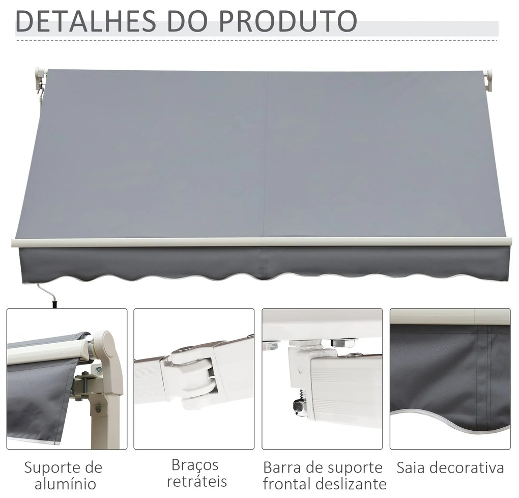 Outsunny Toldo Manual Retrátil com Manivela 295x245cm Toldo Enrolável Alumínio com Proteção Solar para Janela Portas Balcão Terraço Exterior Cinza