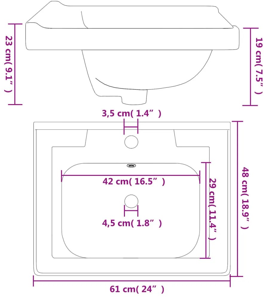 Lavatório casa de banho retangular 61x48x23 cm cerâmica branco