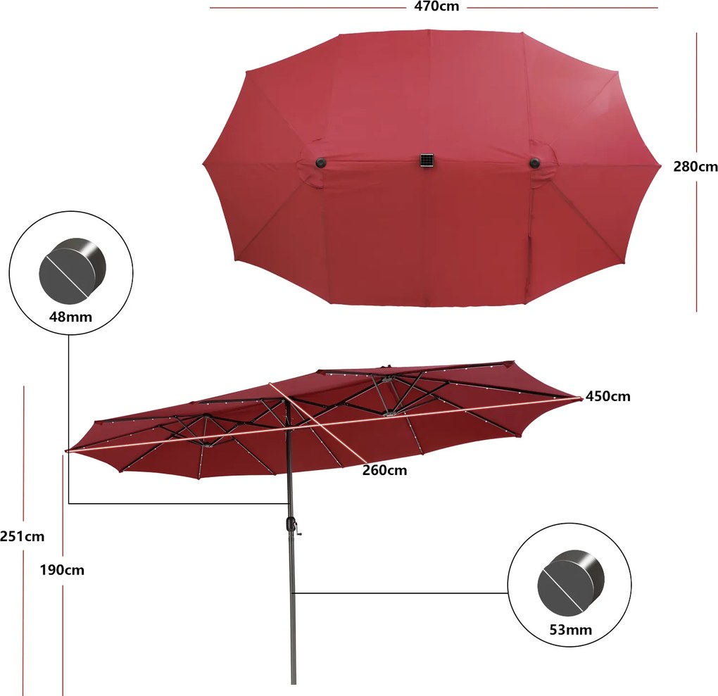Conjunto de guarda-sol dupla face de 470 cm com 48 luzes LED solares e base recheável de 80 kg, com sistema de manivela, para jardim e piscina, vermel