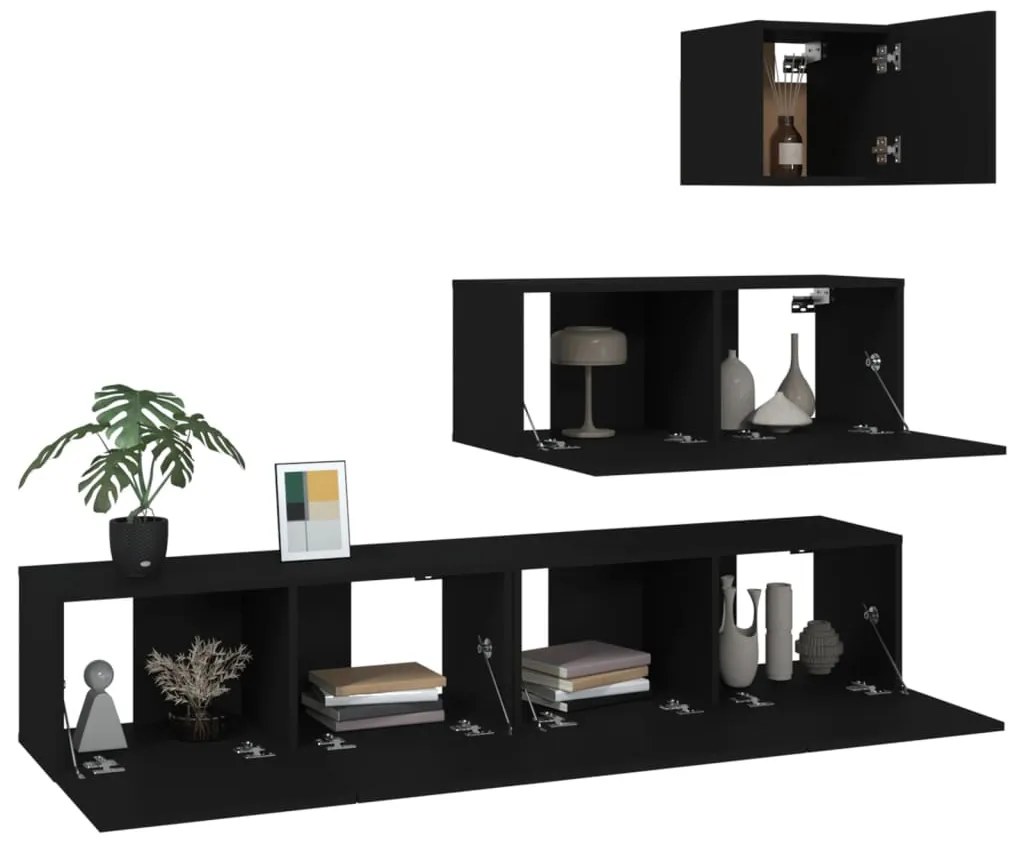Conjunto móveis de TV 4 pcs madeira processada preto