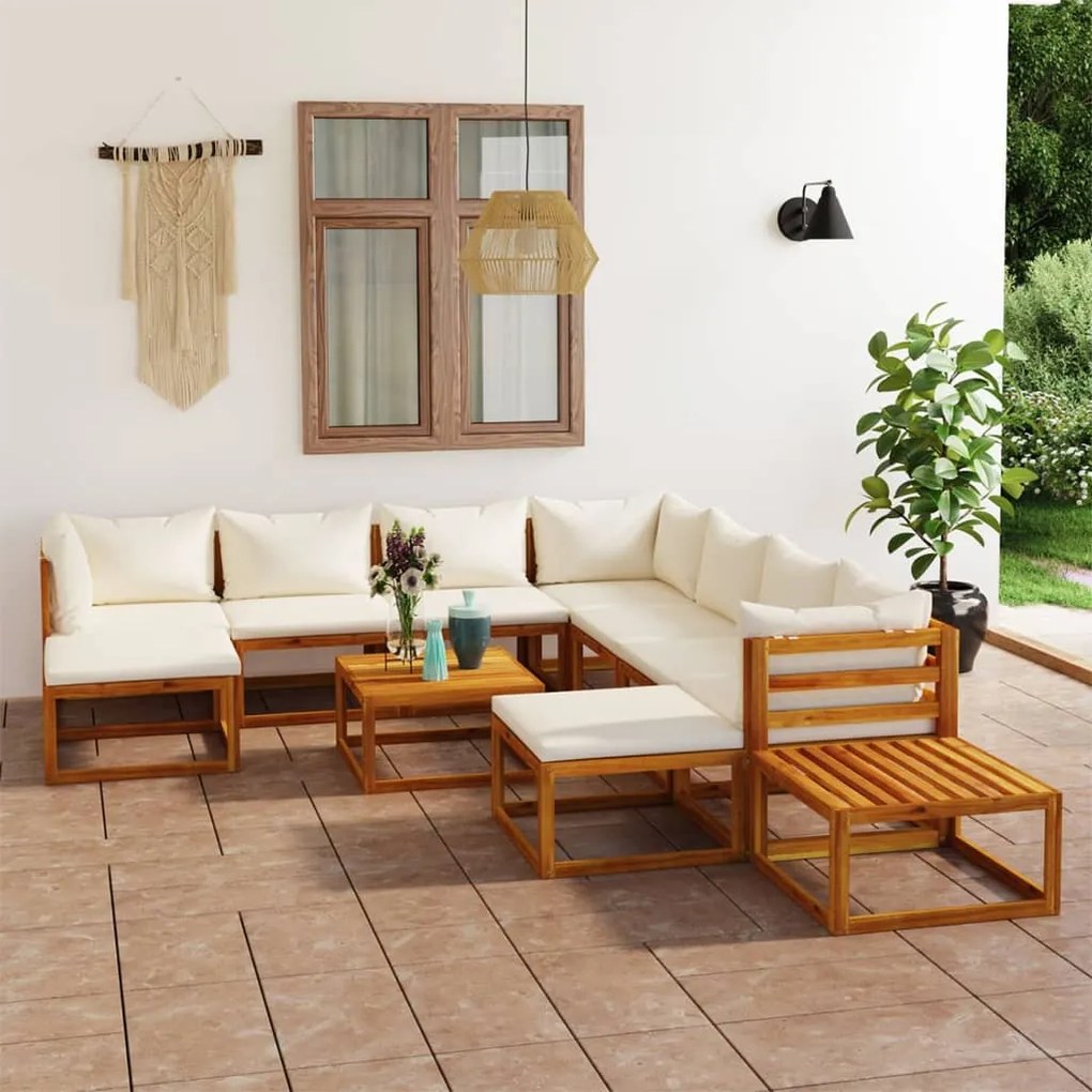 vidaXL 12 pcs conjunto lounge jardim c/ almofadões acácia maciça creme
