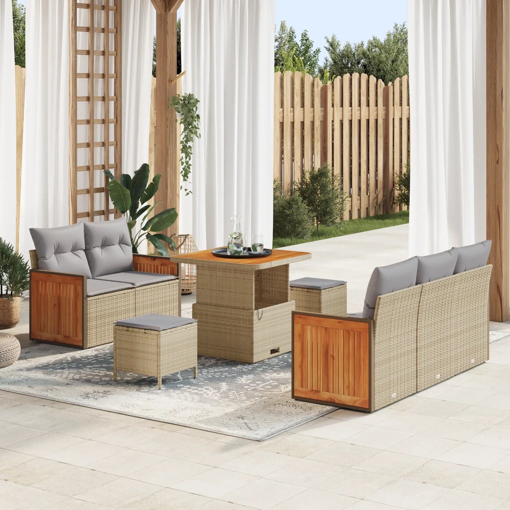 Conjunto de Sofá de Jardim de 8 peças com Almofadas Bege Rattan Sintético Acácia