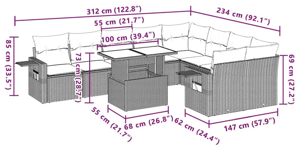 10 pcs conj. sofás jardim com almofadões vime PE cinzento-claro