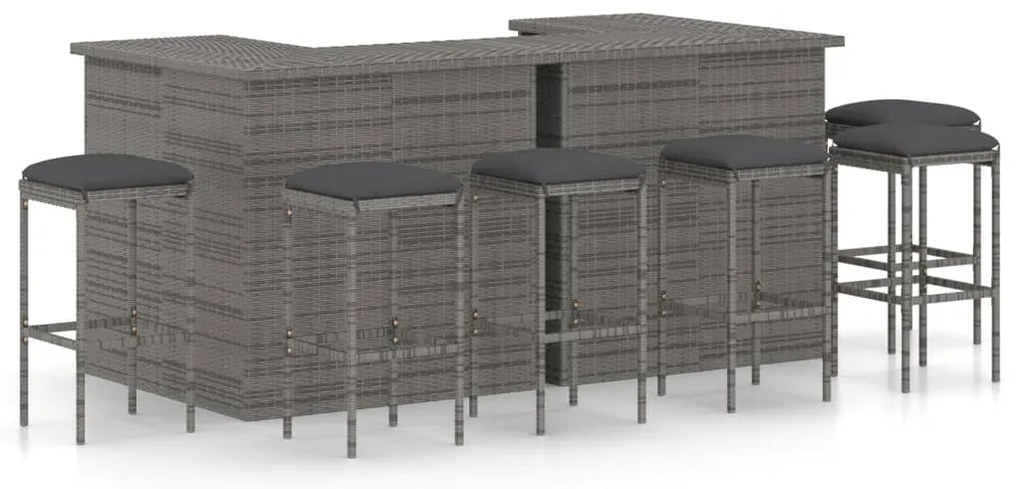 8 pcs conjunto de bar p/ jardim c/ almofadões vime PE cinzento