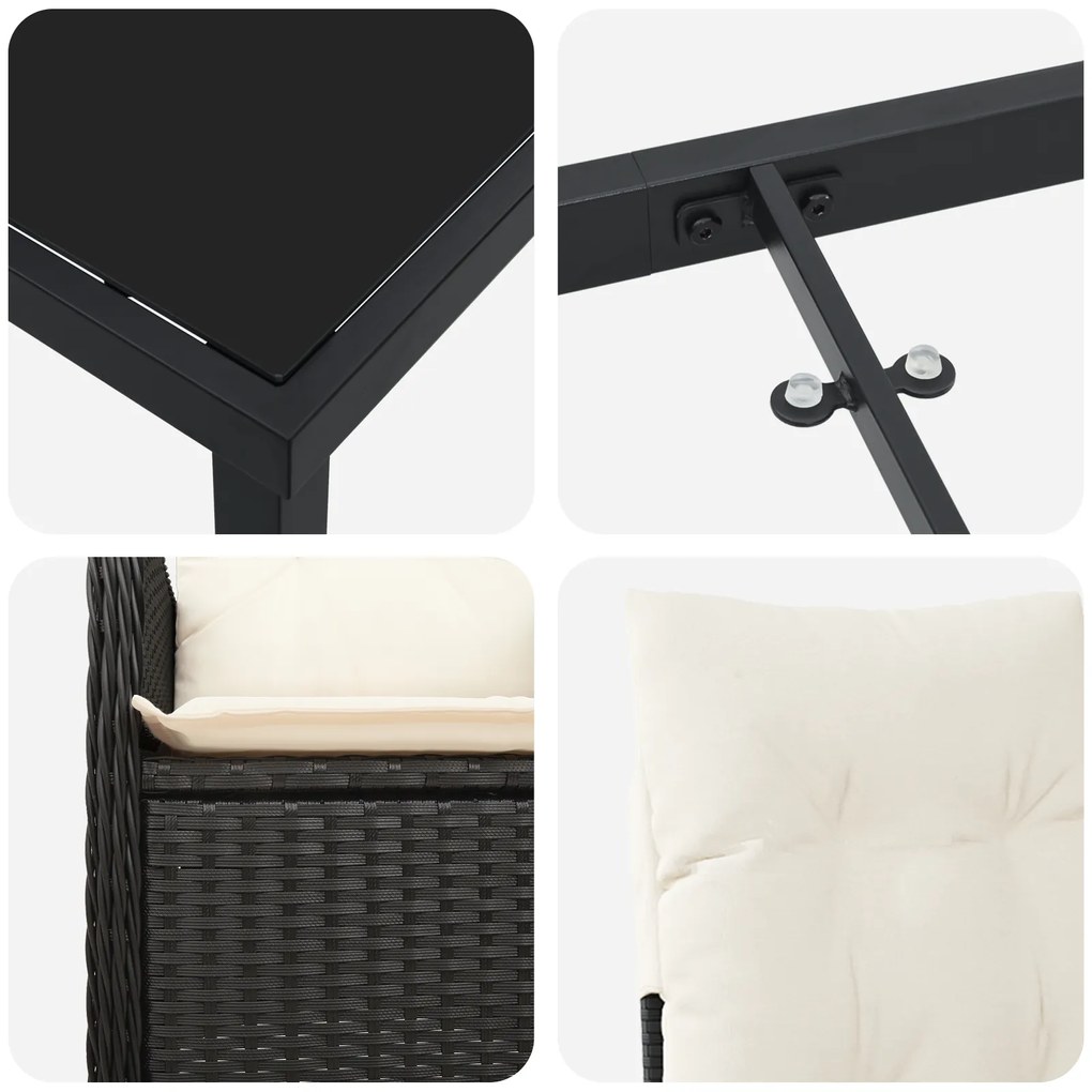 Conjunto de Jantar de Jardim 3 Peças com Almofadas Pretas de Rattan Po