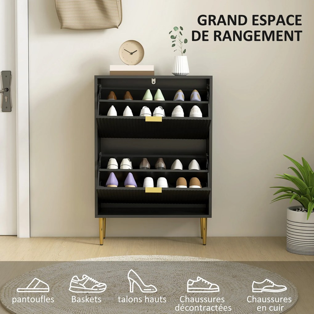 Sapateira 60 x 24 x 91,5 cm com capacidade para 12 pares, com 2 gavetas rebatíveis, portas caneladas e prateleiras ajustáveis, preto