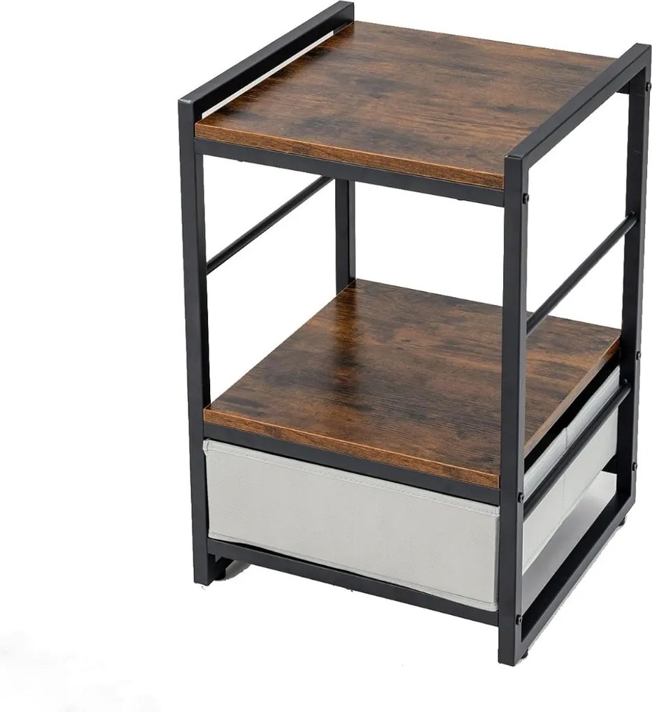 Mesa de cabeceira, mesa apoio industrial com estante aberta e gaveta em tecido quadrada de 40 cm para sala de estar e quarto Castanho