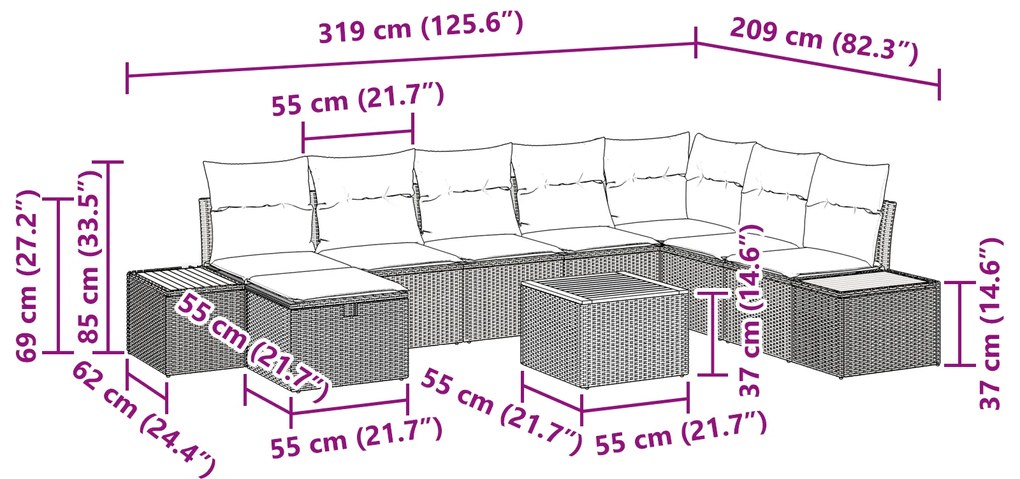 Conjunto de Sofá de Jardim com Almofadas Rattan Polipropileno Preto de