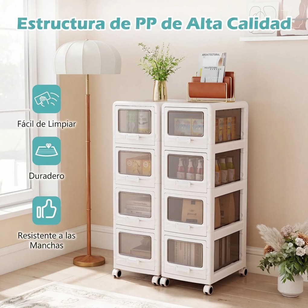 Carrinho de Arrumação com 4 Gavetas, 42 x 28 x 91,5 cm, Rodas com Travão, Branco