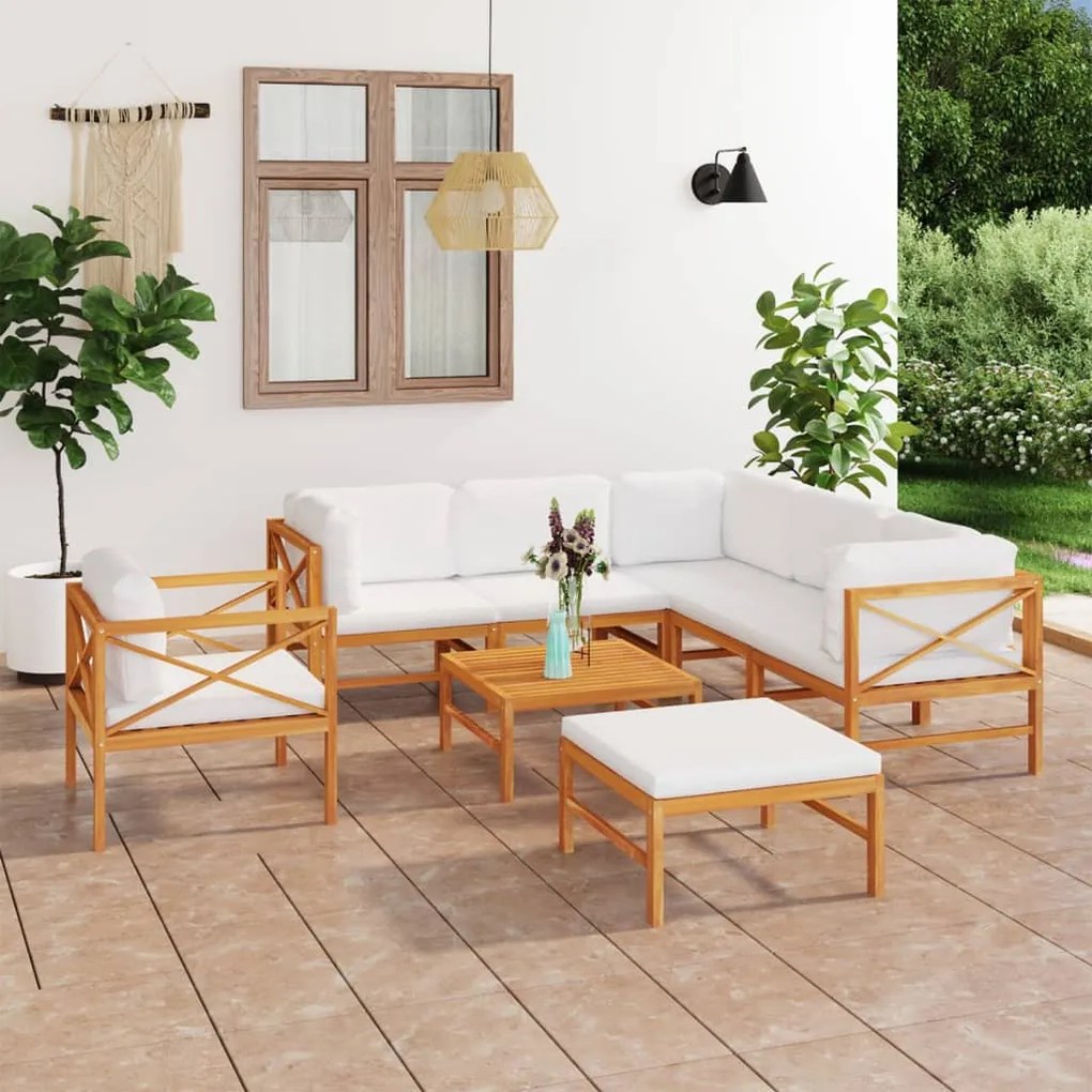 vidaXL 8 pcs conj. lounge de jardim + almofadões cor creme teca maciça