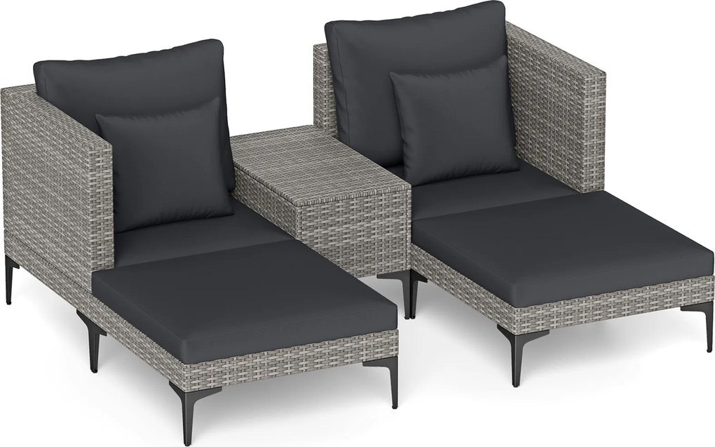 Conjunto jardim de rattan para exterior de 5 peças com mesa auxiliar, 2 sofás, 2 apoios para os pés, almofadas e travesseiros macios, modular, para pá