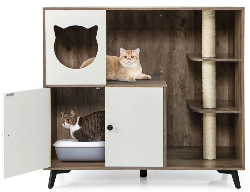 Móvel 5 em 1 para caixa de areia gatos 100 x 51 x 91 cm com 3 postes de sisal para arranhar, suporte com 5 pés metálicos Cinza + Branco