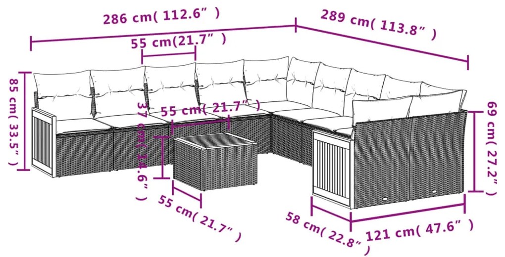 11 pcs conjunto sofás de jardim c/ almofadões vime PE preto