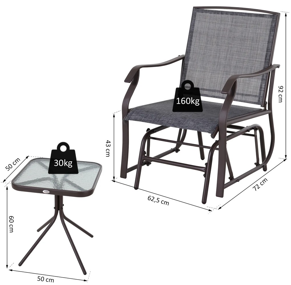 Outsunny Conjunto de Móveis de Jardim Conjunto de 2 Cadeiras de Balanço 1 Mesa de Metal Textilene para Pátio Terraço 50x50x60 cm Carga 160 kg