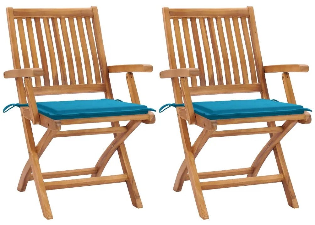 Cadeiras de jardim c/ almofadões azuis 2 pcs teca maciça