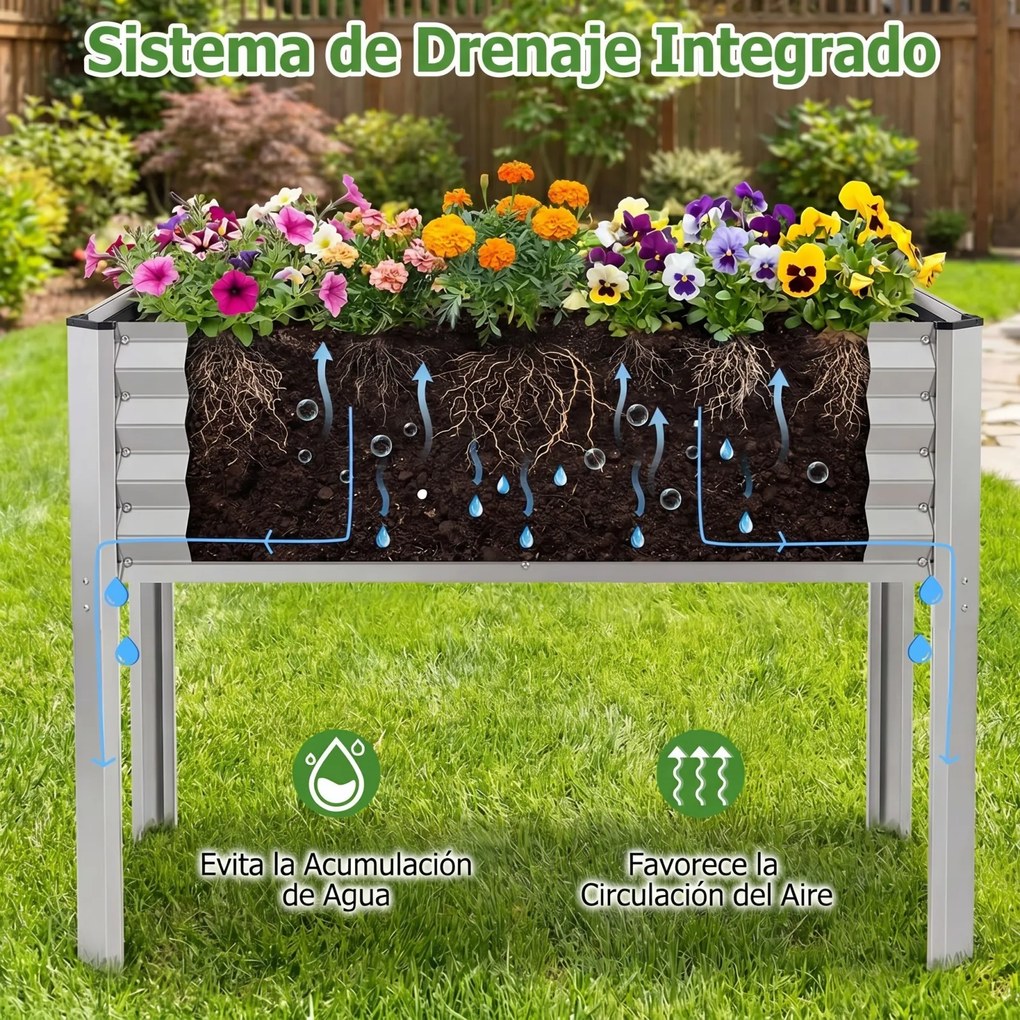 Floreira elevada de jardim 118 x 60 x 77,5 cm com Estrutura em metal galvanizado, pés elevados, sistema de drenagem e base alta para terraço ou pátio