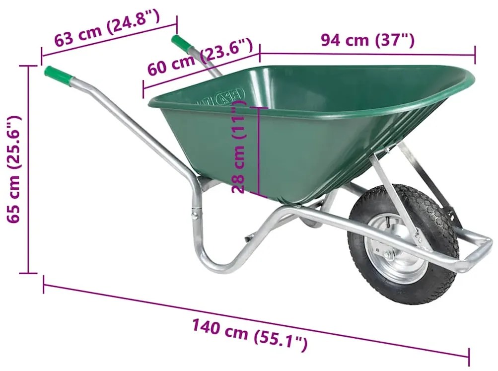 Carrinho de mão verde 90 l 150 kg aço galvanizado e plástico