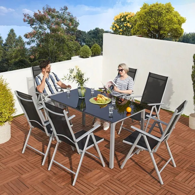 Conjunto de jardim Bern, 7 peças, com 6 cadeiras e mesa 150 x 90 x 75 cm em alumínio cinza claro e preto