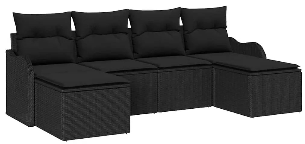 Sofá Modular para Jardim de 6 Peças com Almofadas em Rattan Preto e Po